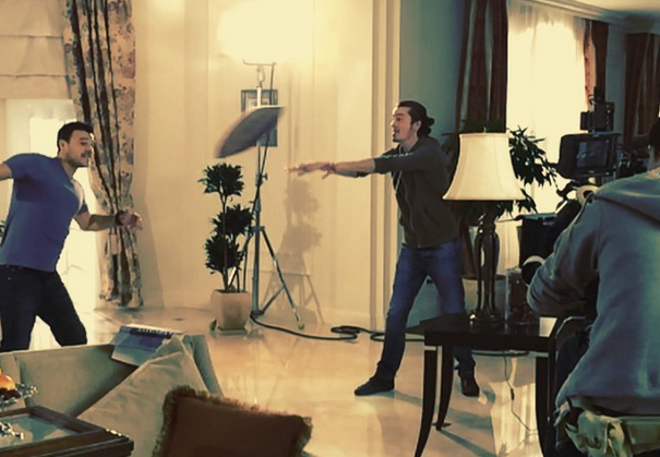 Emin (left) while shooting the new music video